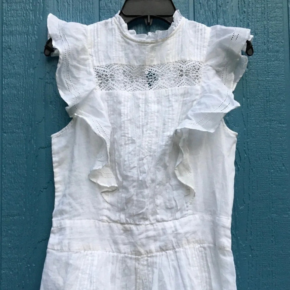 Frame White Pintucked Mini Dress M Ruffle High Neck Frilly Beach Wedding Short - Picture 5 of 8